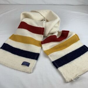 Faribault Woolen Mill Wool Scarf Striped Revival Off White With Red, Gold, Navy